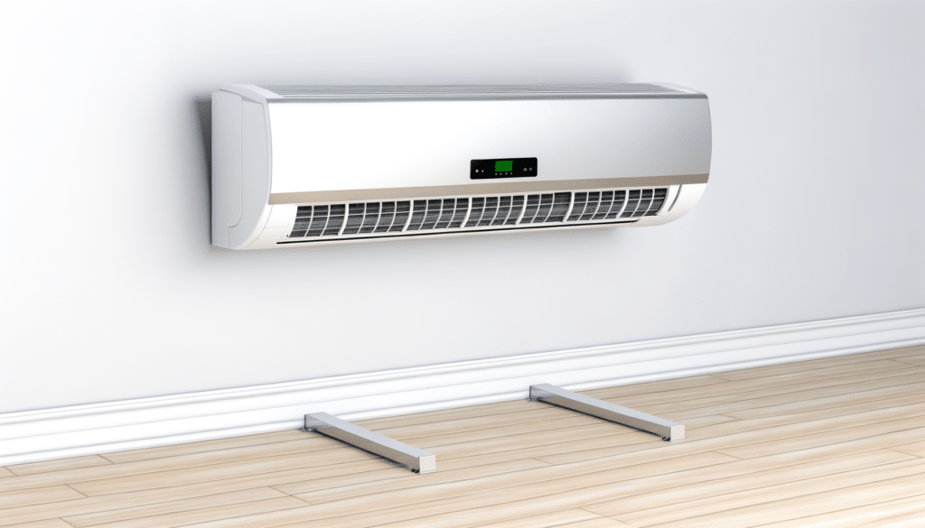 Wall-mounted split air conditioner above a wooden floor with brackets beneath it.