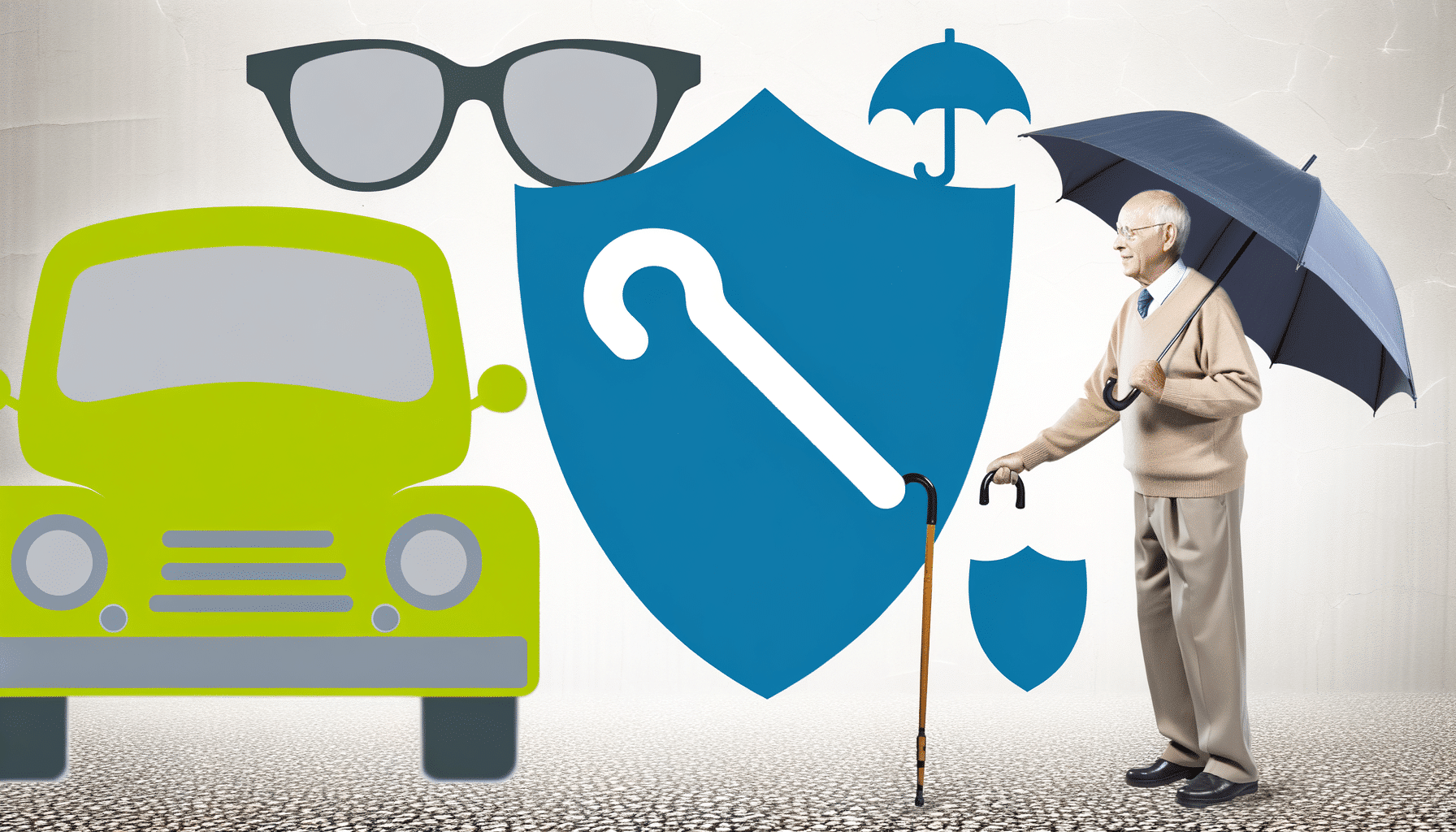 An elderly man holding an umbrella and walking cane stands next to large icons of glasses, a car, and shield with a cane symbol.