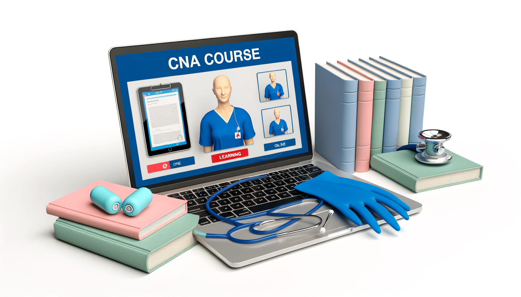 An open laptop displays a CNA course; books, a stethoscope, latex gloves, and earbuds surround it.