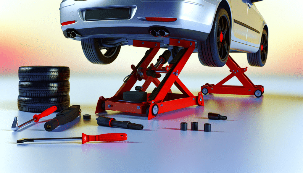 A car on red hydraulic lifts with tools and spare tires laid out nearby.