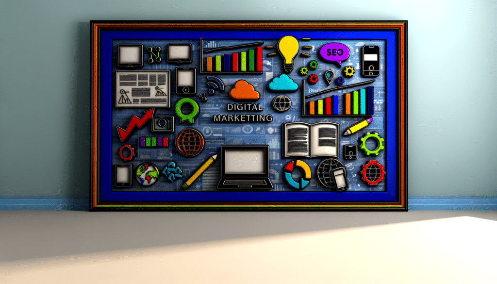 A framed poster features various digital marketing icons including graphs, bulbs, gears, computers, and phones.