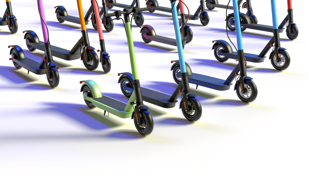 A group of colorful electric scooters arranged in rows on a bright surface.