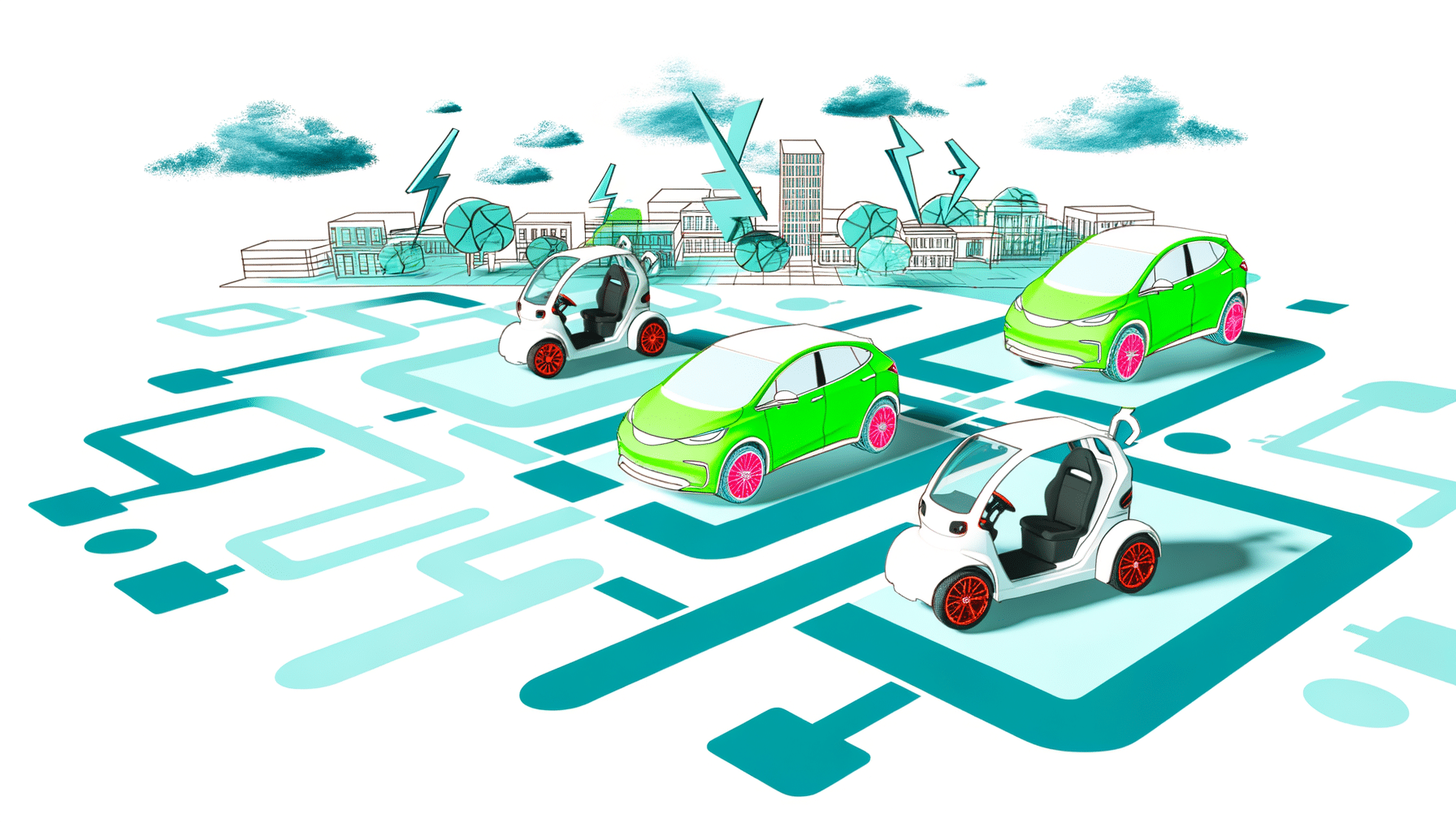 A digital illustration of green and white electric cars on a stylized road network, with city buildings and lightning bolts in the background.