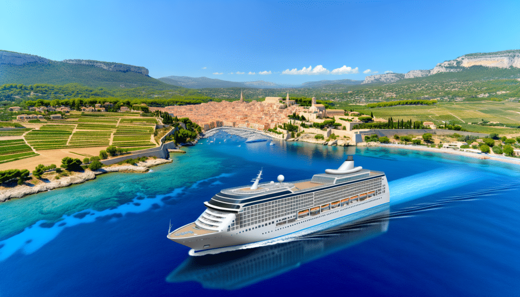 A cruise ship sailing on a bright blue sea near a coastal town with vineyards and rolling hills.