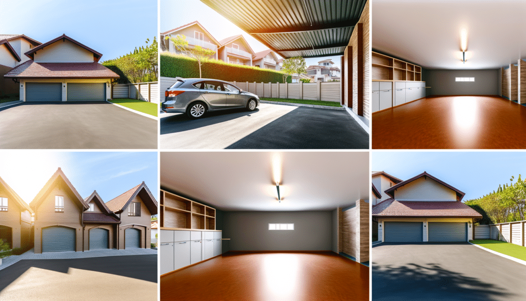 Collage showing modern garages and carports from different angles, empty and with a parked car, featuring clean interiors, tidy storage, and neat exteriors.