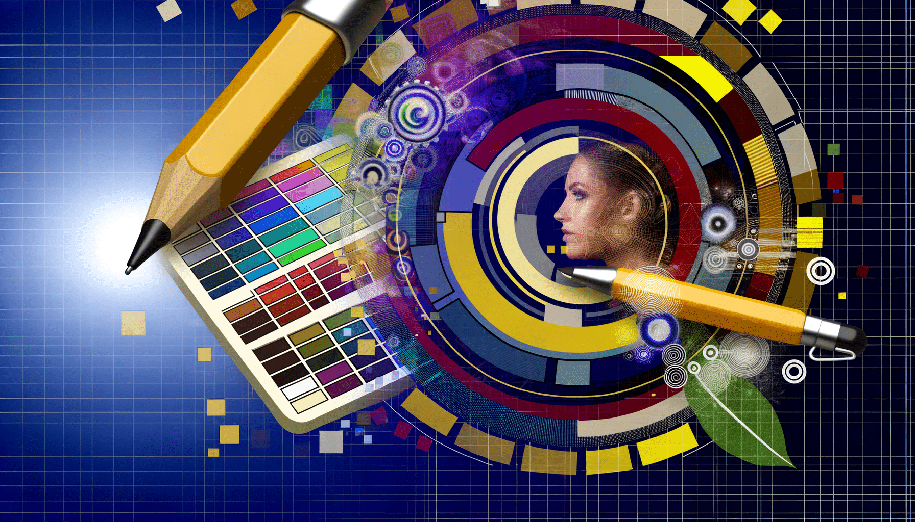 Color palette, pencils, and a woman's side profile surrounded by abstract, colorful, circular graphics on a blue grid background.