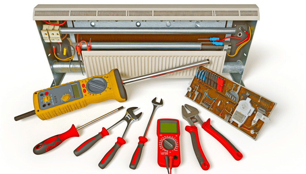 A variety of tools, including screwdrivers, wrenches, and multimeters, are arranged in front of an exposed electrical panel.