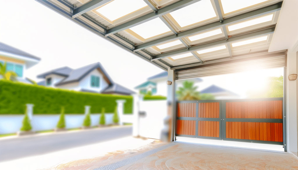 View from inside a sunlit garage with an open door, looking out to a residential street with houses and greenery.