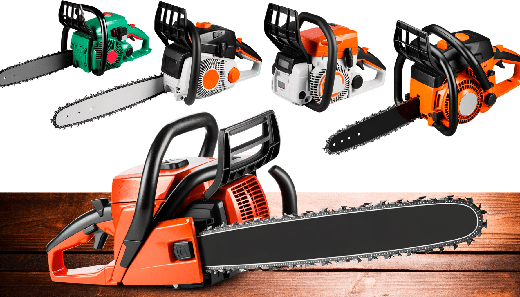 A selection of five different chainsaws displayed on a white background, with one large orange chainsaw at the bottom on a wooden surface.