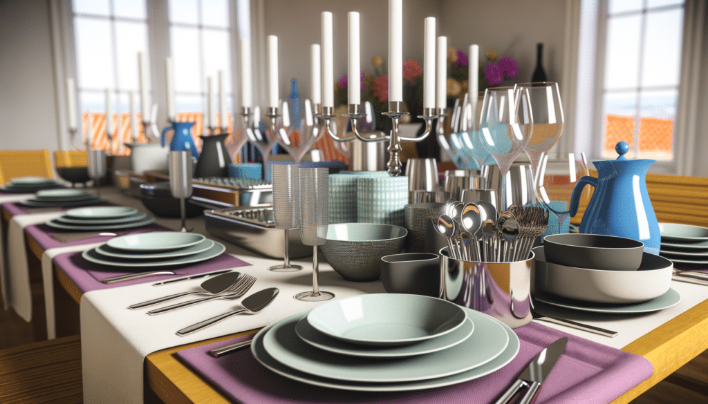 A long dining table set with plates, utensils, glassware, and candlesticks. The table has a white tablecloth with purple placemats and is decorated with bowls, vases, and colorful objects.