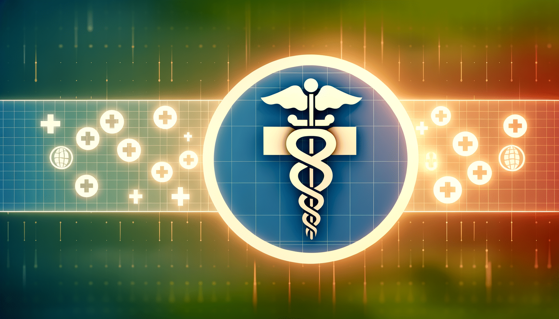 A caduceus symbol centered on a blue grid background with glowing medical icons.