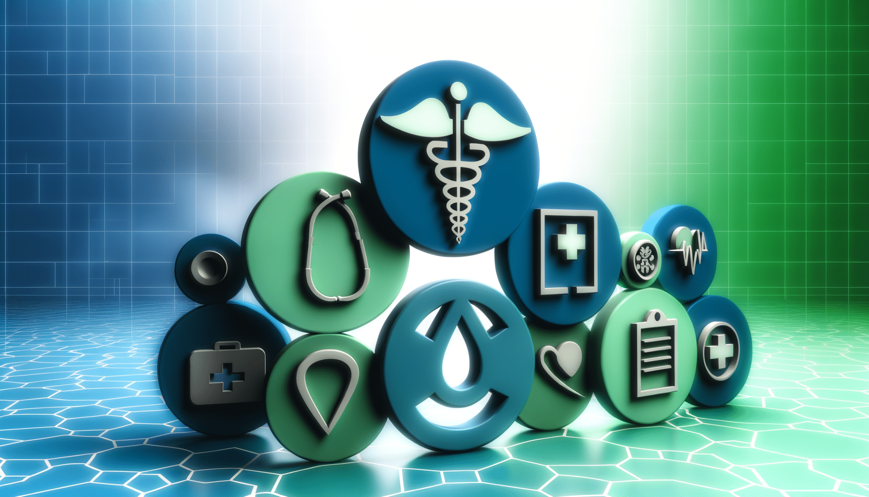 A collection of blue and green circular icons featuring medical symbols like a caduceus, stethoscope, clipboard, and heart.