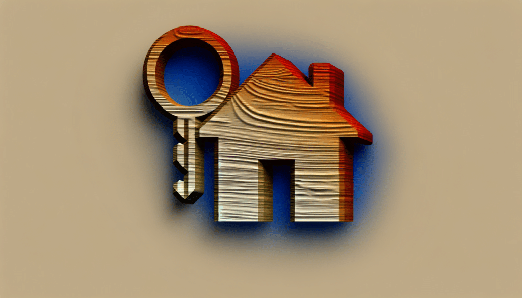 Wooden house and key icon on a beige background.