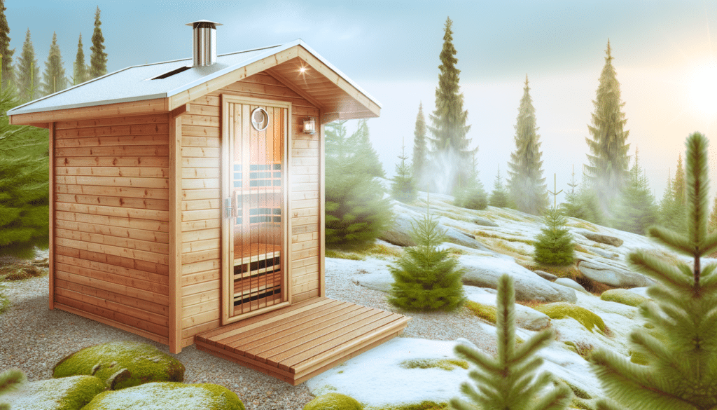 A small wooden sauna sits in a snowy, forested area, with pine trees and mist in the background.