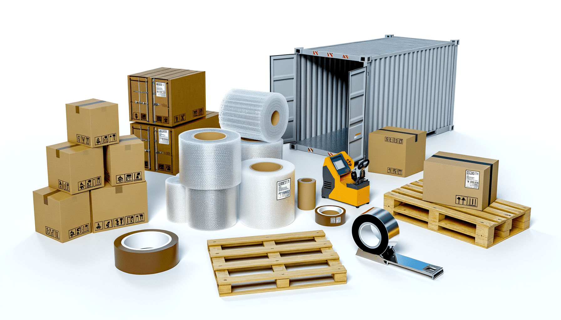 Image of shipping and packing supplies including boxes, bubble wrap, tape, a pallet, a pallet jack, and an open shipping container.