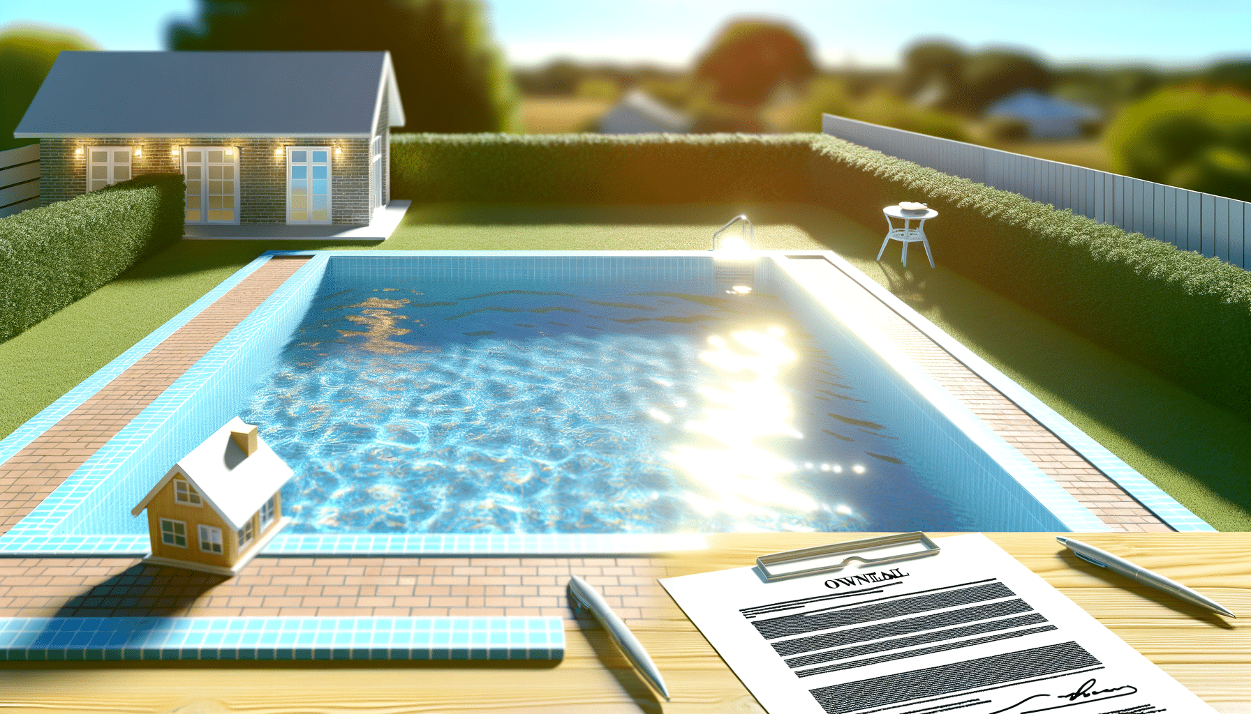 A sunny backyard with a swimming pool, a small house, and a patio table. In the foreground are a model house, pen, and a document labeled "OWNERSHIP".