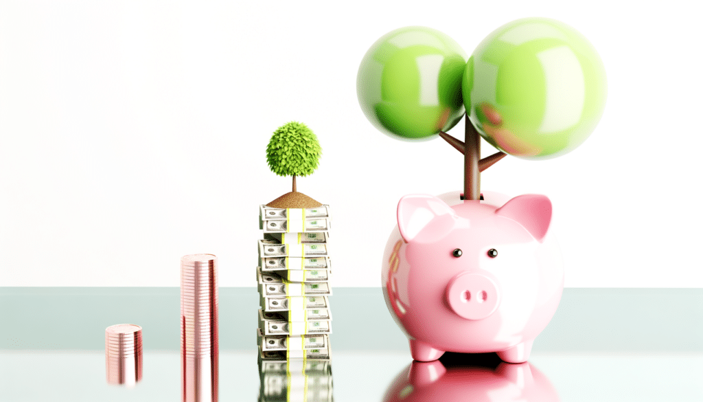 Coins, stacked cash with a small tree, and a piggy bank with a larger tree growing from it.