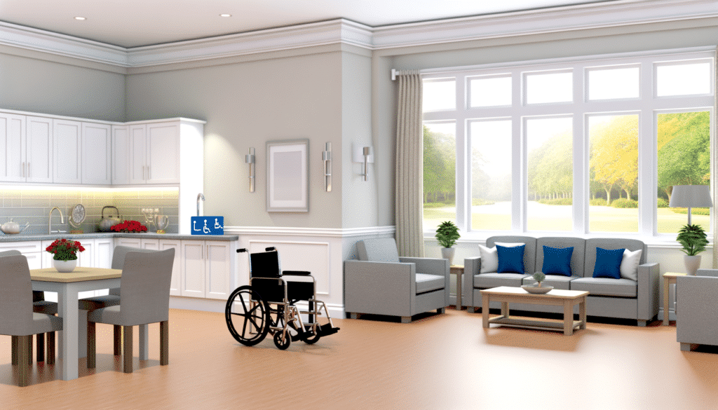 A bright, accessible room with a wheelchair, dining table, kitchen area, and a seating area with large windows overlooking greenery.