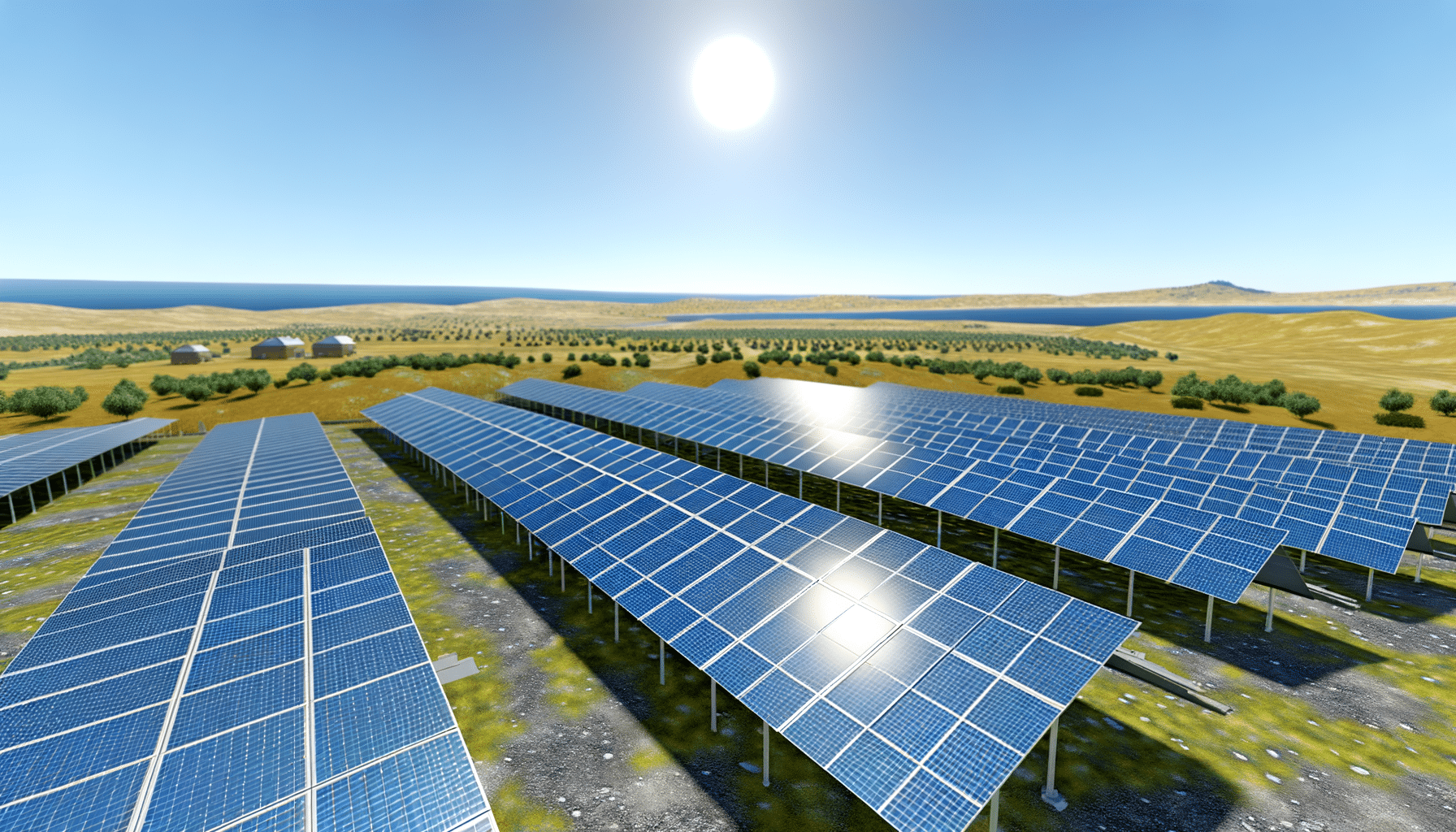 A solar farm with rows of solar panels under a bright sun in a rural landscape.