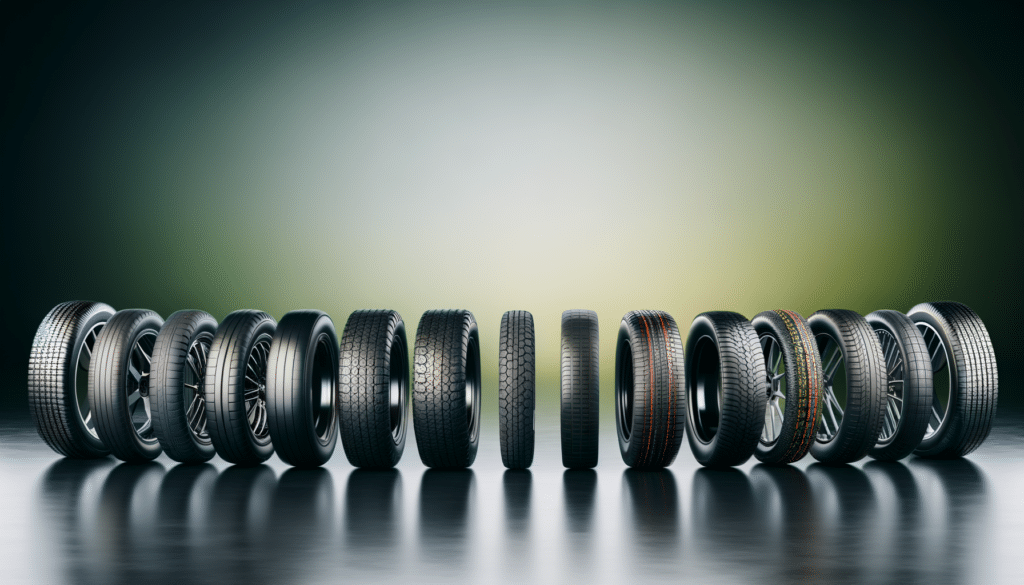 A row of different car tires on a reflective surface with a gradient background.