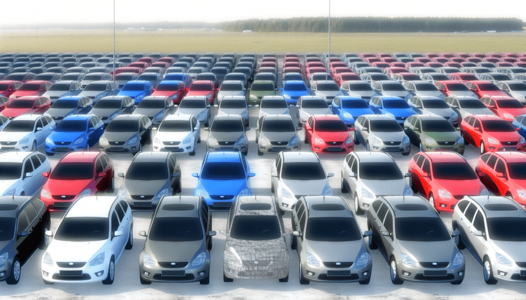 A large, organized parking lot filled with rows of colorful cars in various shades, including red, blue, gray, and white.