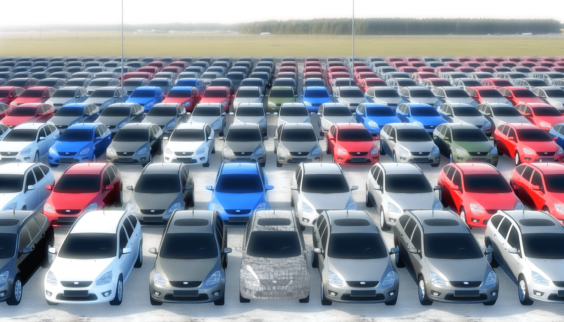 A large, organized parking lot filled with rows of colorful cars in various shades, including red, blue, gray, and white.