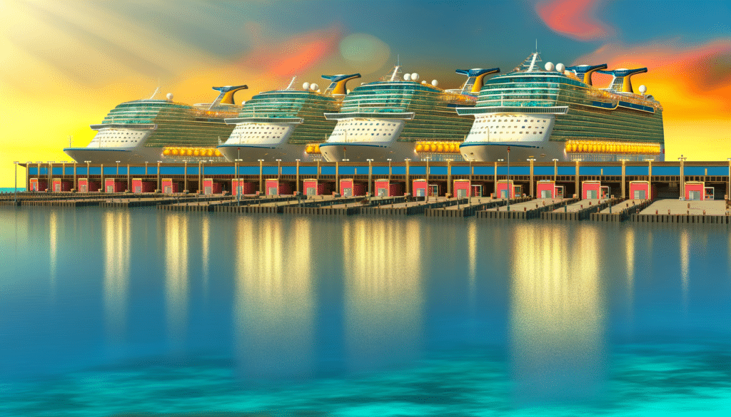 Four large cruise ships docked at a pier during sunset, reflecting brilliantly in the calm water.