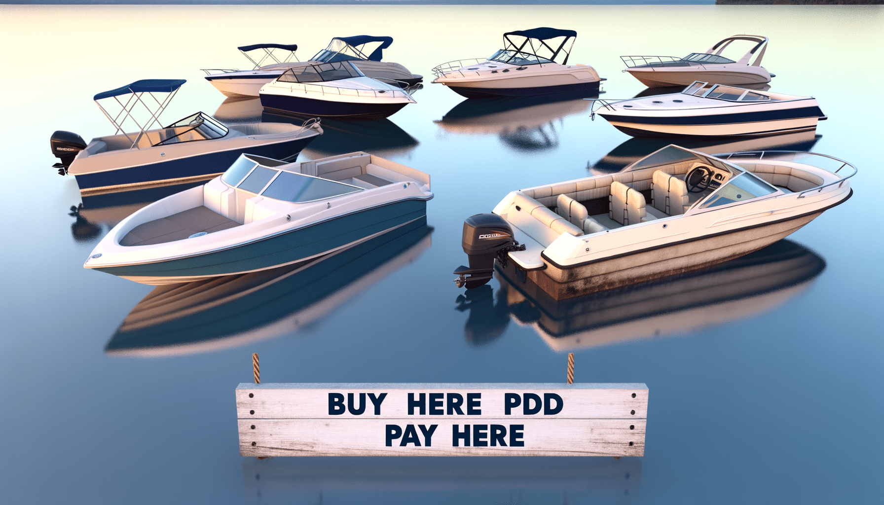 Several motorboats floating on calm water with a sign in the foreground reading "BUY HERE PDD PAY HERE".