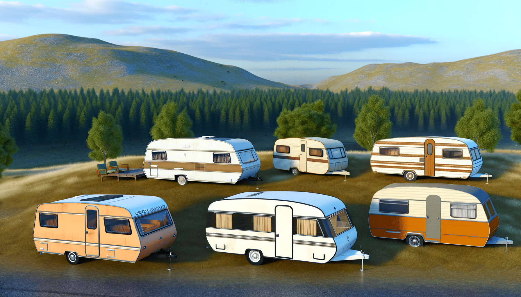 Seven retro-style caravans are parked on grassy terrain with hills and a forest in the background.