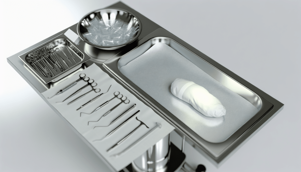 A sterile medical tray holds various surgical instruments, gauze, and a wrapped item.