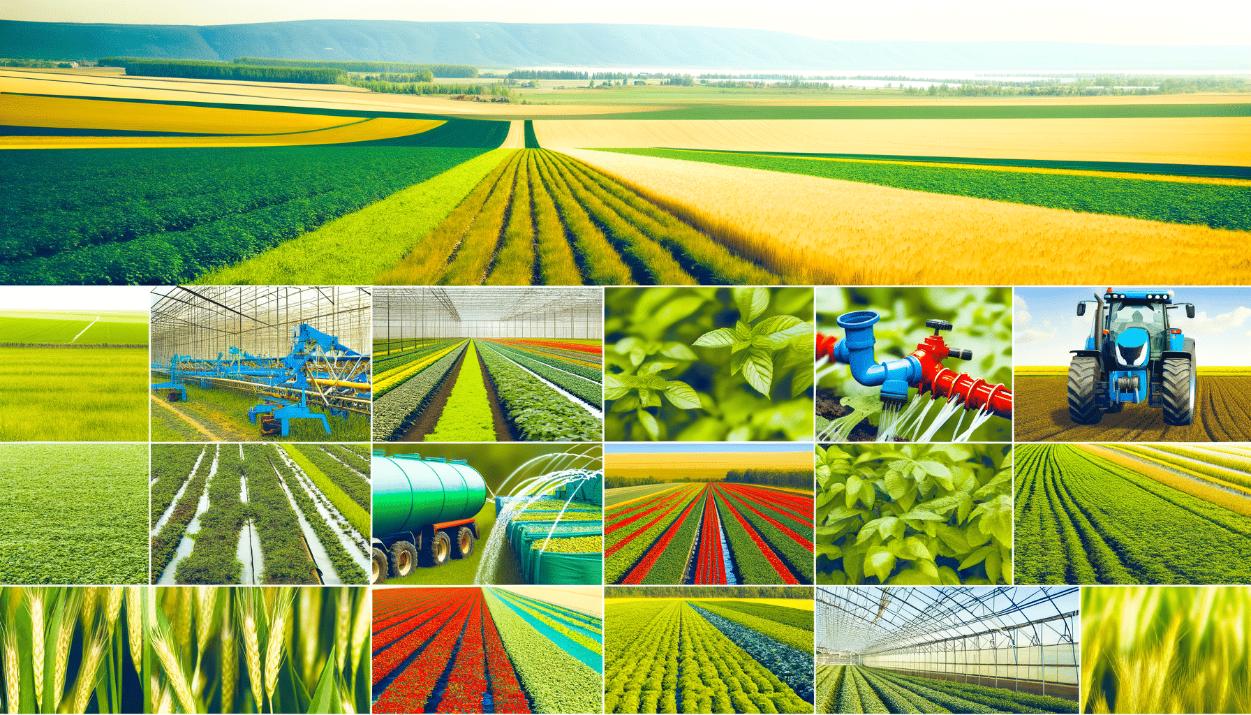 A collage of vivid agricultural scenes, including expansive fields, greenhouses with plants, irrigation systems, close-ups of leaves, and farming equipment.