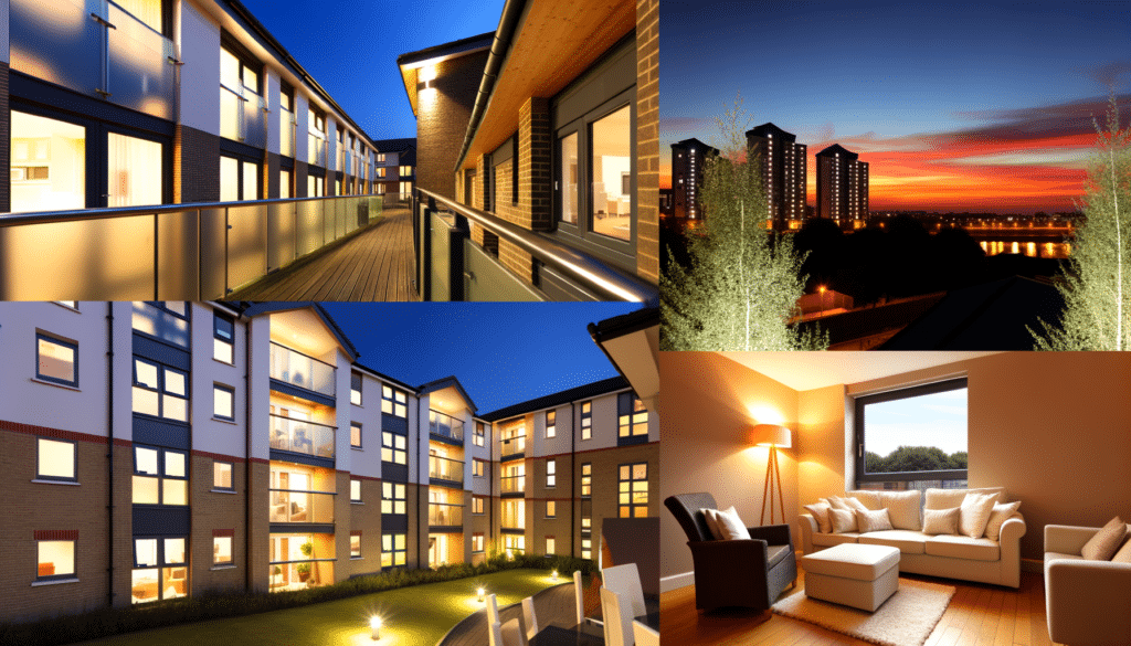 Collage of modern apartments at dusk and nighttime, with illuminated interiors and exteriors, a sunset skyline view, and a cozy living room with a sofa, armchair, and floor lamp.