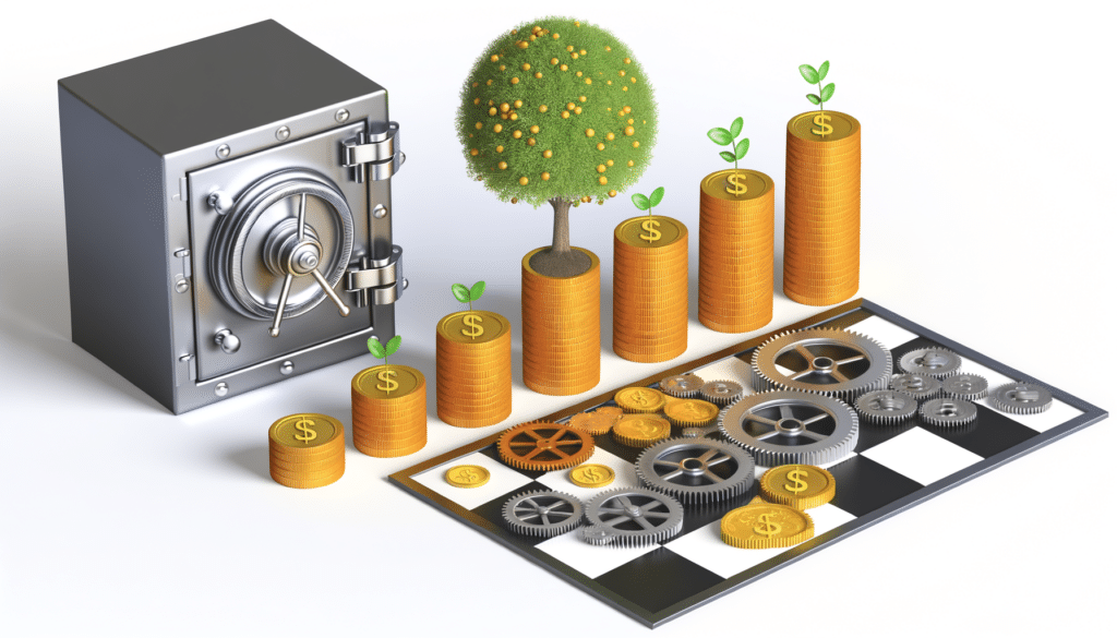 A safe, stacks of gold coins with plants and a tree, and gears.