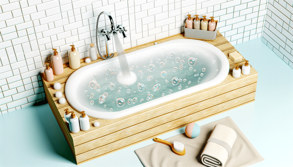 A wooden bathtub filled with bubbly water, surrounded by bath products, brushes, and towels.