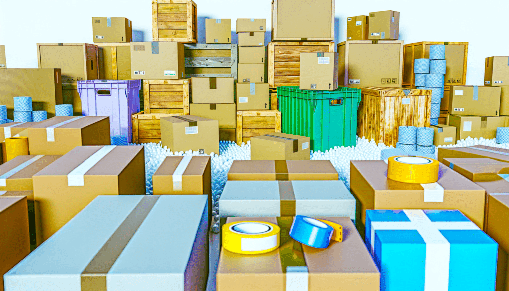 A variety of cardboard boxes and shipping crates stacked, surrounded by packaging materials and tape rolls.