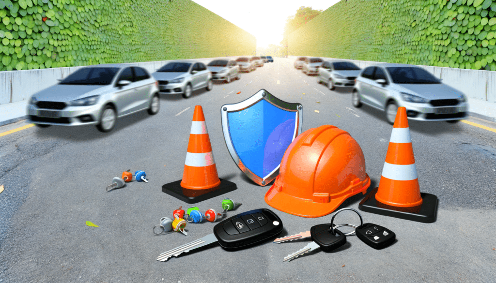 Several cars on a road with traffic cones, a hard hat, a shield icon, and car keys in the foreground.