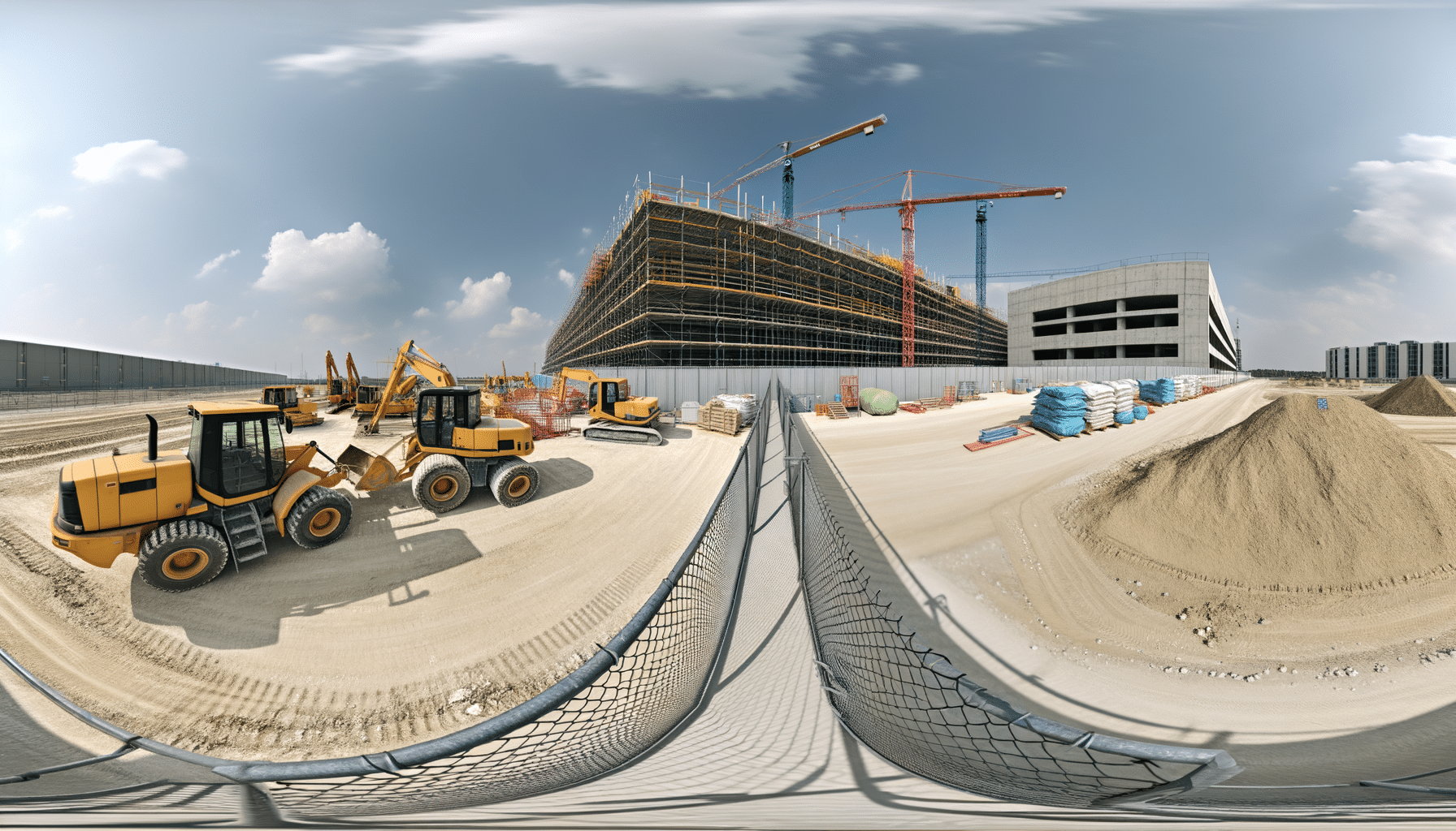 A large construction site with heavy machinery, cranes, scaffolding around a building, piles of materials, and an open dirt area.