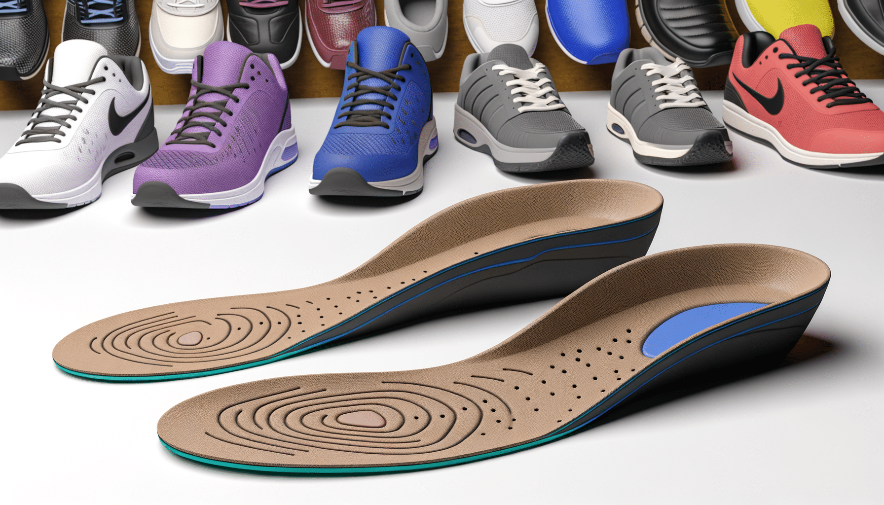 A pair of beige orthotic shoe insoles with black and blue accents is shown in front of various colorful sneakers.