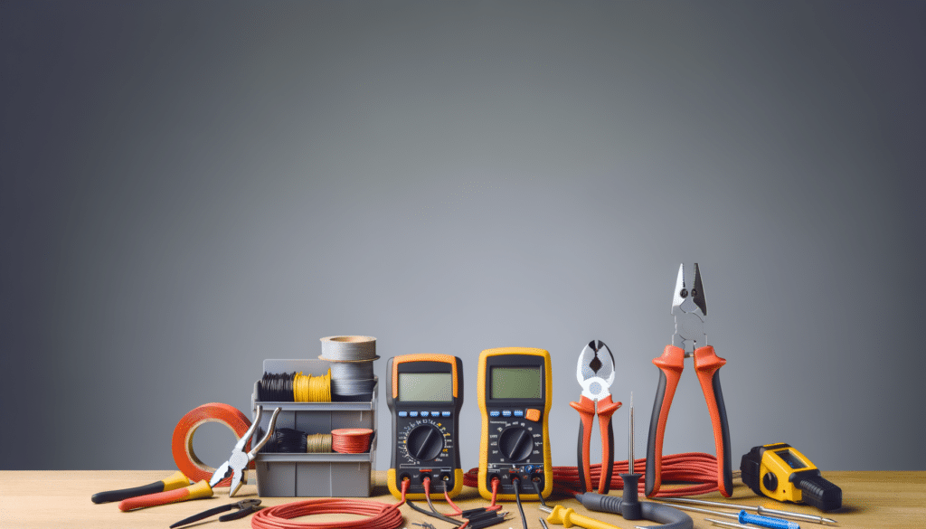 Assorted electronic tools and materials, including multimeters, pliers, screwdrivers, wire cutters, and spools of wire, arranged neatly on a wooden surface.