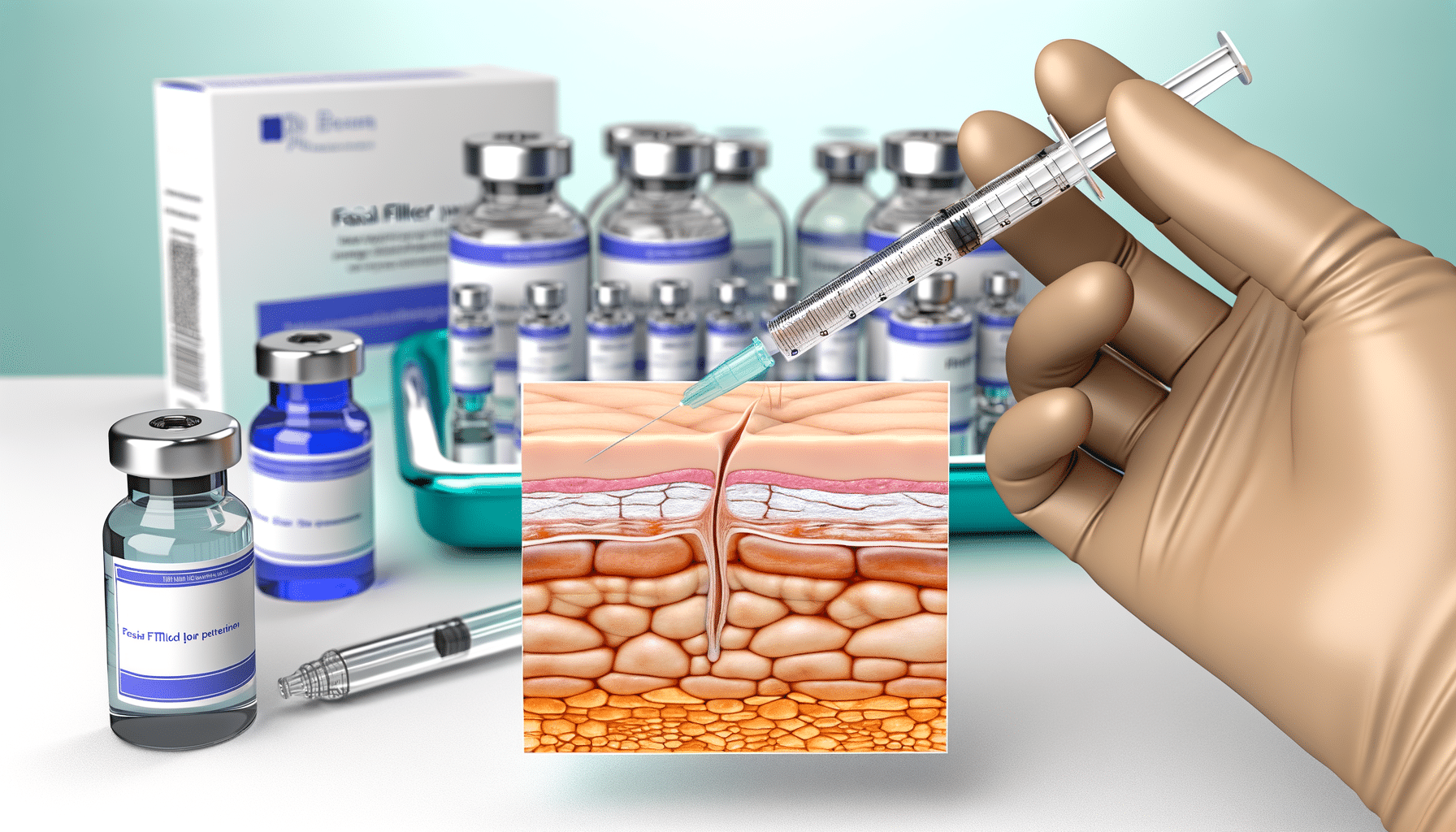 A gloved hand holds a syringe near a diagram of skin layers, surrounded by multiple vials and medical packaging.