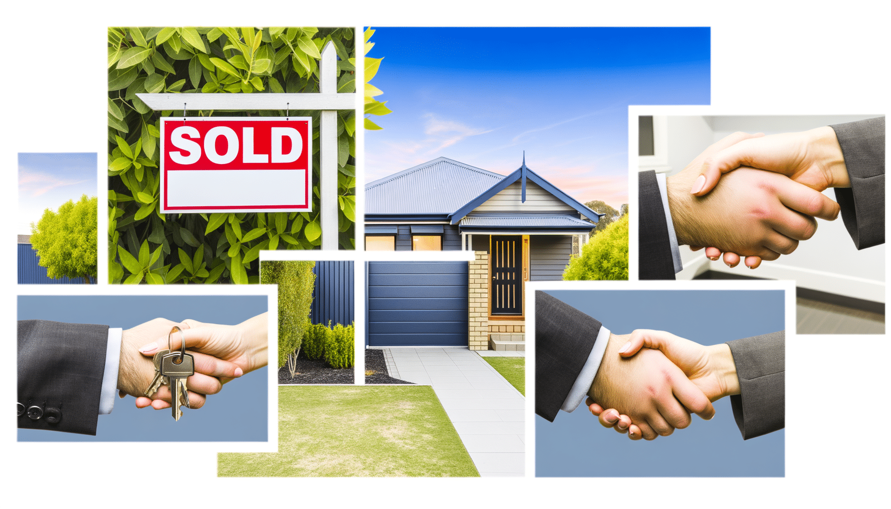 Collage of images depicting a "Sold" sign, a house, handshakes, and exchanging keys.