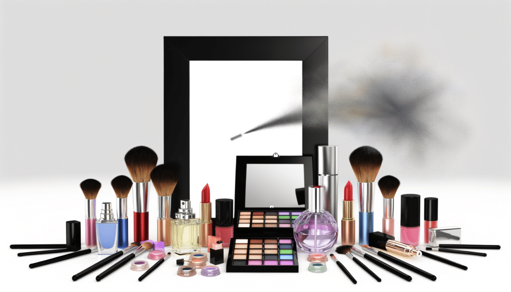 A variety of makeup products, including brushes, lipsticks, eyeshadow palettes, nail polishes, and perfumes arranged in front of a mirror.