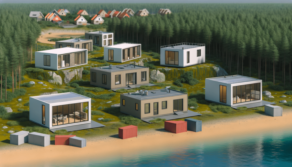 Modern white and beige cube-shaped houses near a forest, with a beach and colorful storage containers in the foreground.