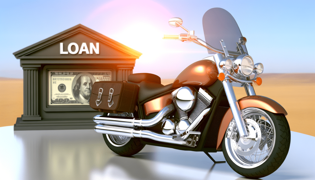 A motorcycle is parked in front of a "LOAN" building with a large 100-dollar bill.