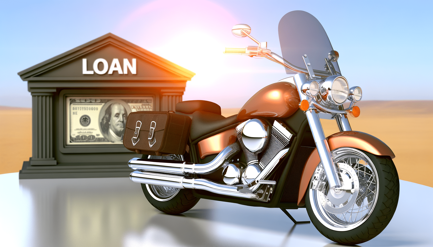 A motorcycle is parked in front of a "LOAN" building with a large 100-dollar bill.