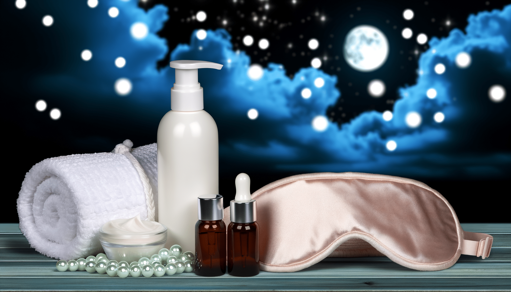 A rolled towel, lotion bottle, skincare items, beaded necklace, and sleep mask against a night sky with clouds and a full moon.