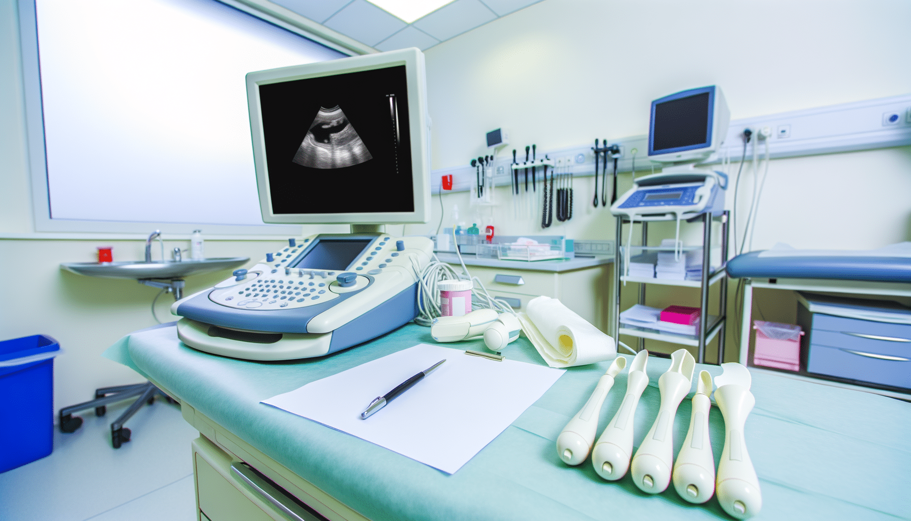 A medical ultrasound machine on an exam table, with instruments and supplies in a clinical room.