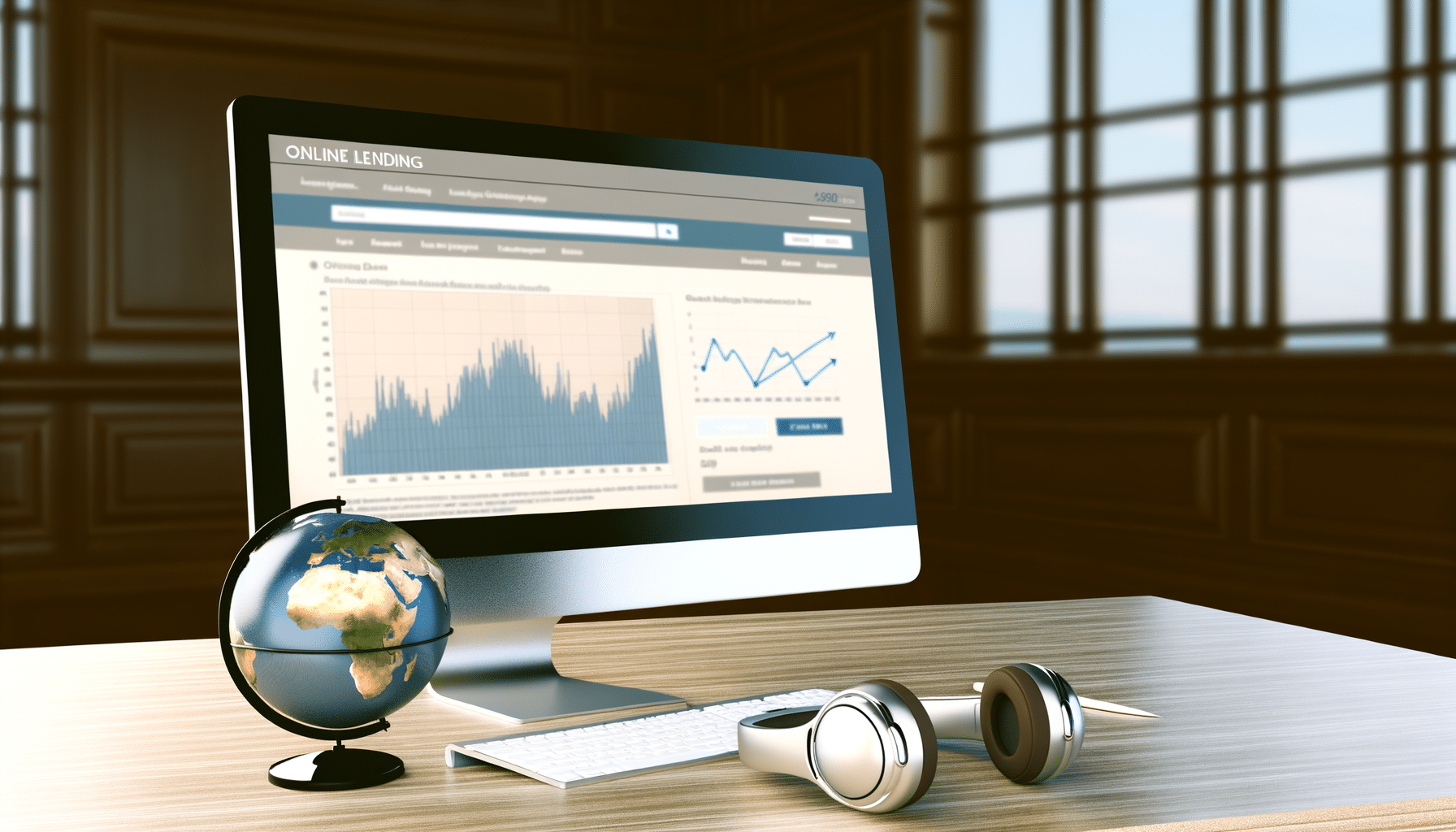 A computer on a desk displays online lending graphs. A globe and headphones are placed beside the computer.