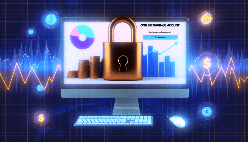 A computer monitor displays a lock, graphs, coins, and a pie chart, indicating online savings account security.