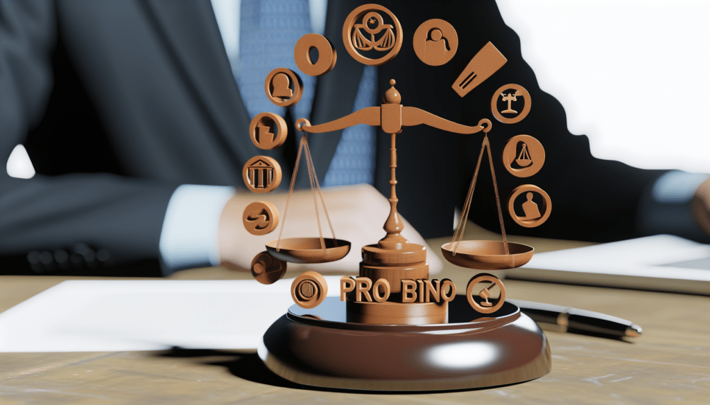 Wooden scales of justice with the text "Pro Bono," surrounded by legal icons, with a person in a suit in the background.